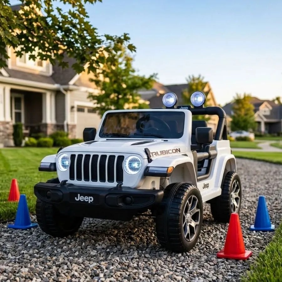 Carro infantil Jeep Wrangler, 12 volts, 4x4, telecomandado, , pneus de EVA, assento em pele branco