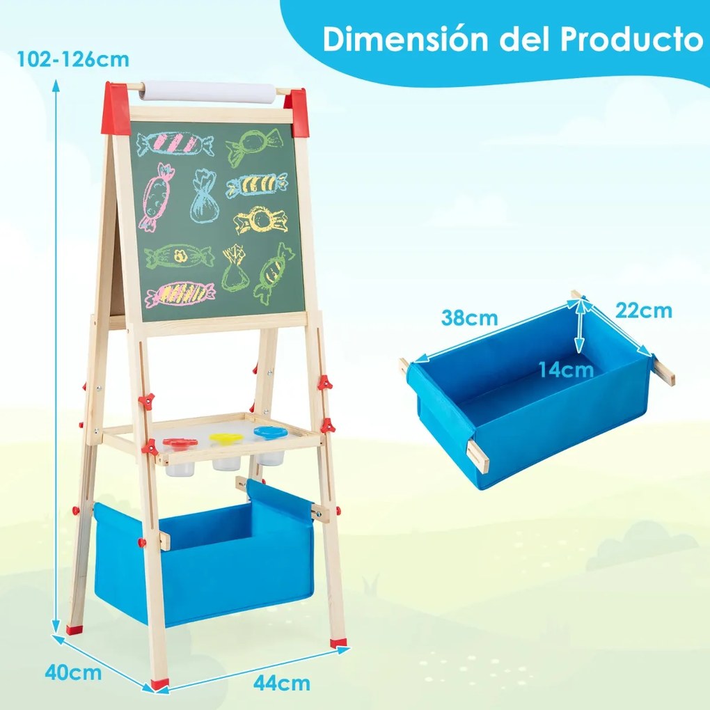 Quadro infantil ajustável de 102 a 126 cm de altura com moldura frente e verso e rolo de moldura de papel preto para crianças de 3 a 8 anos Natural +