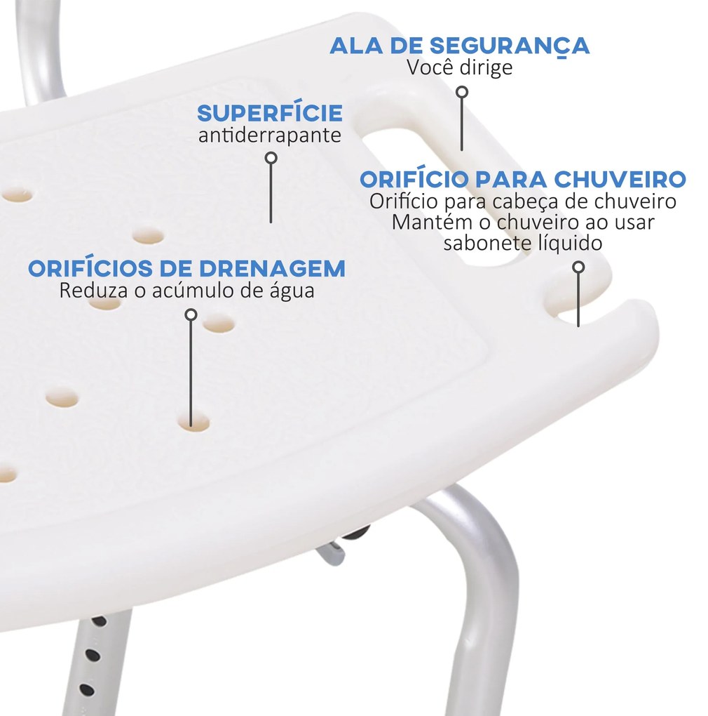 HOMCOM Cadeira para Duche Antiderrapante com Altura Ajustável em 8 Nív