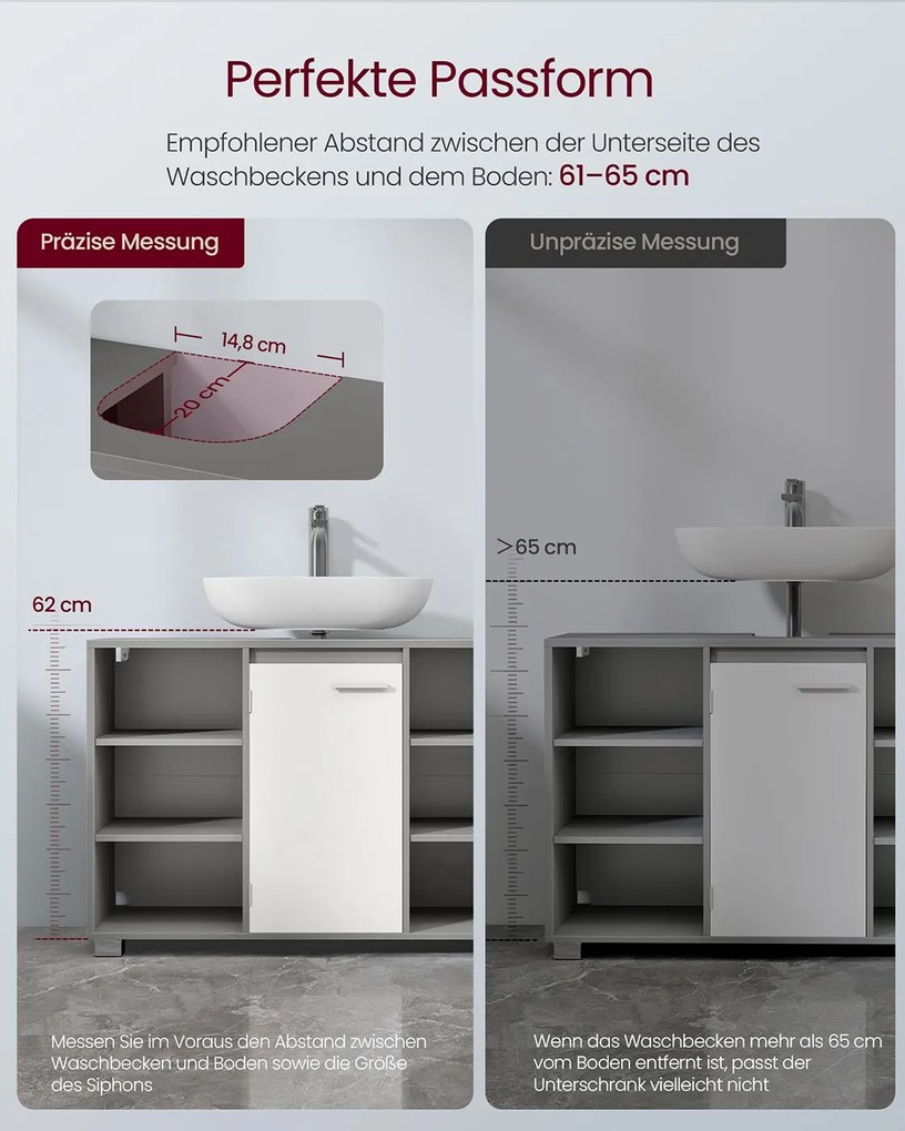 Armário para lavatório (NÃO INCLUIDO) com prateleiras ajustáveis 30 x 90 x 60 cm Cinzento + Branco