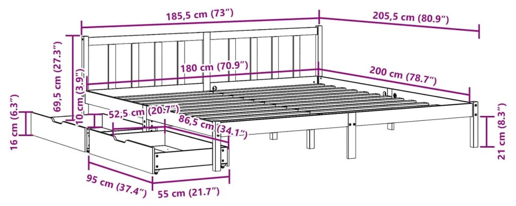 Cama sem colchão 180x200 cm madeira de pinho maciça