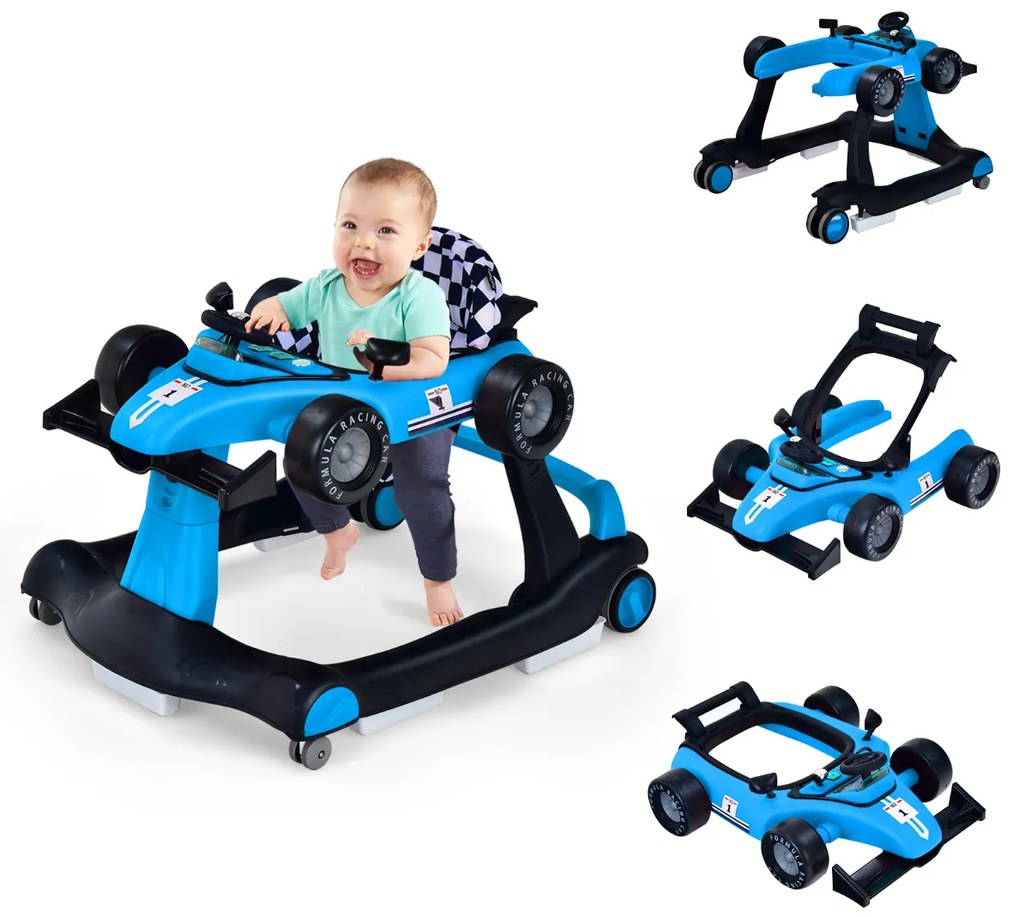 Andador 4 em 1 para crianças, dobrável, atividade de empurrar, com altura ajustável e carrilhão de velocidade com luzes, volante Azul