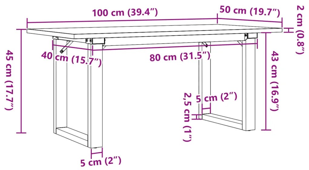 Mesa de centro estrutura em O 100x50x45cm pinho e aço