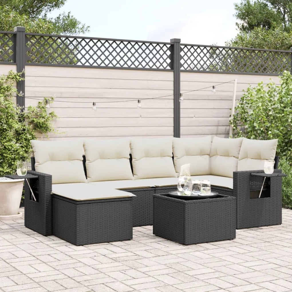 7 pcs conjunto de sofás p/ jardim c/ almofadões vime PE preto