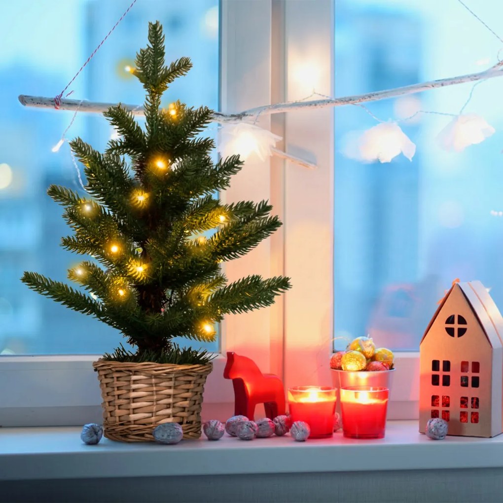Árvore de Natal em vaso de madeira de 53 cm com 96 ramos, 20 luzes LED brancas quentes e temporizador verde