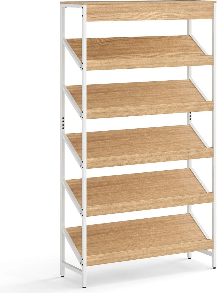 Estante de 6 níveis 90 x 30 x 161 cm inclinada com estrutura metálica resistente de madeira natural
