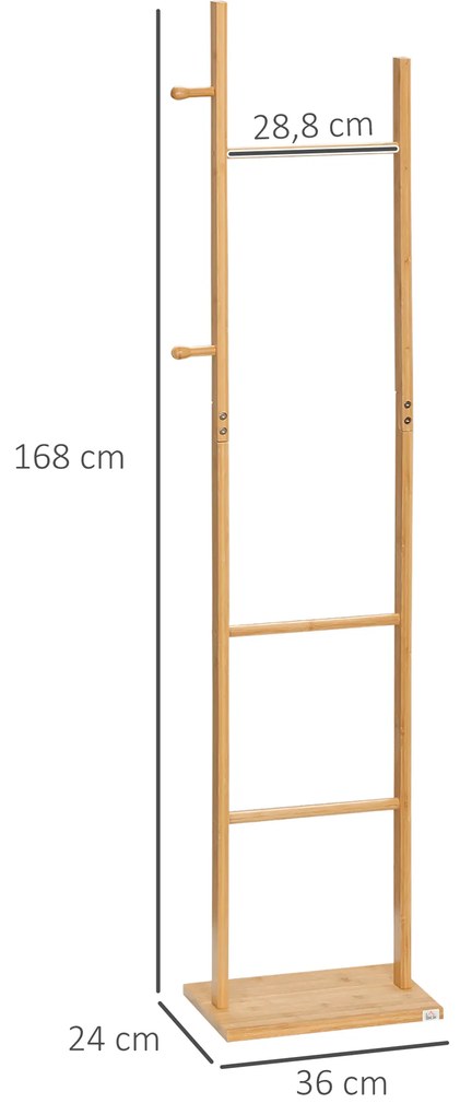 HOMCOM Cabide de Pé de Bambu Cabide de Pé para Roupas com 2 Ganchos e 3 Barras Suspensas para Entrada Corredor Dormitório Estilo Moderno 36x24x168cm Madeira