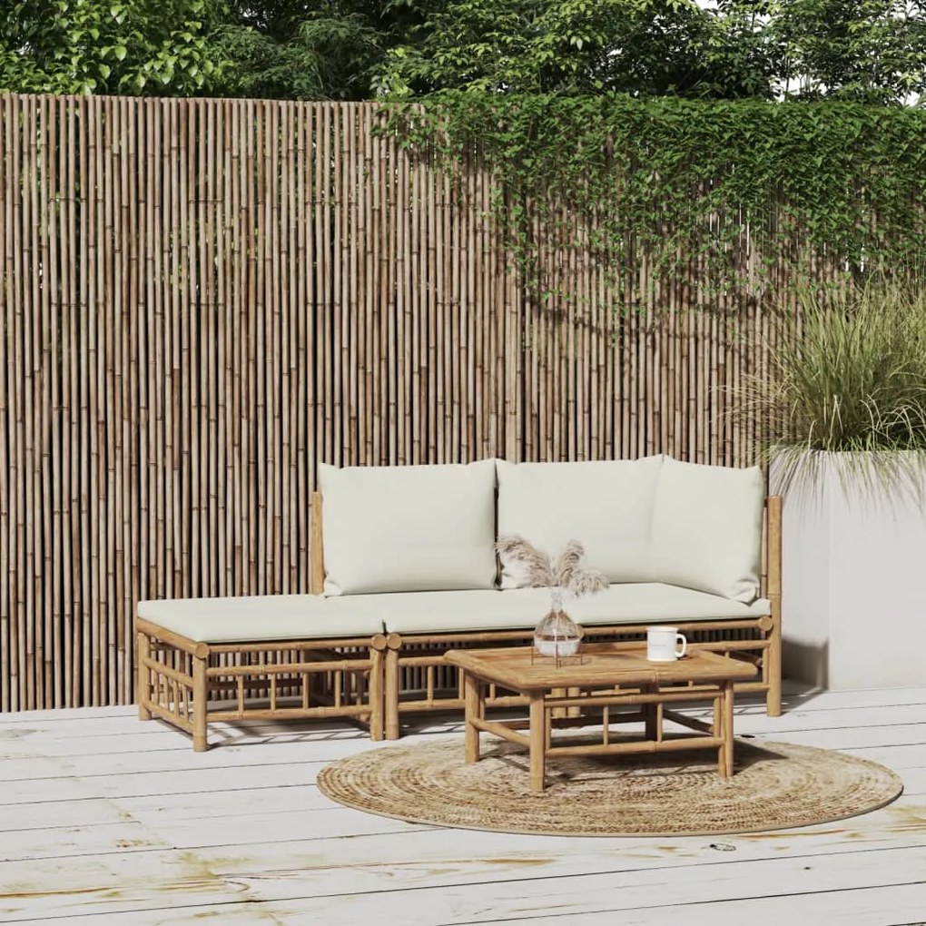 vidaXL 3 pcs conjunto lounge de jardim bambu c/ almofadões branco nata