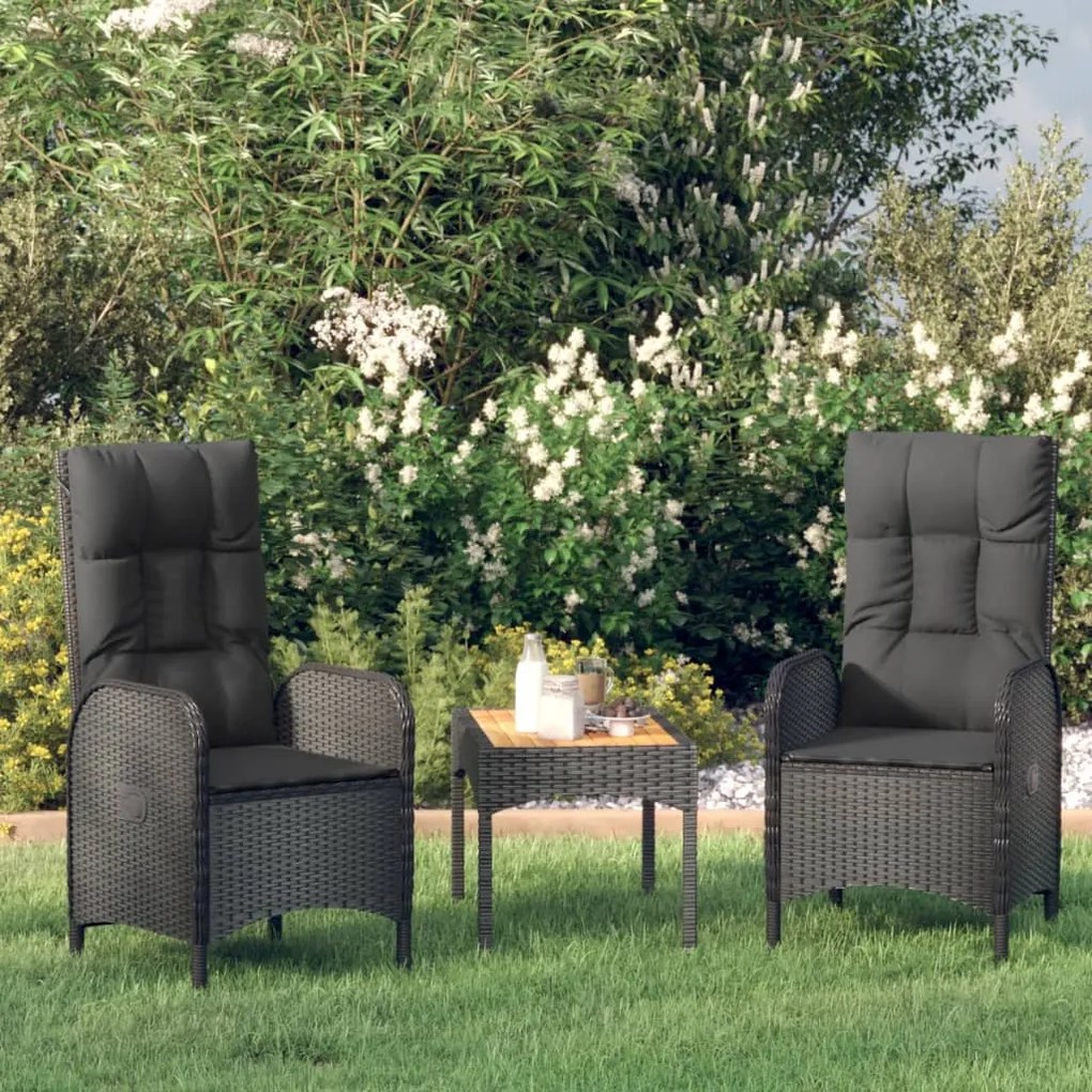 vidaXL 3 pcs conjunto lounge de jardim c/ almofadões vime PE preto