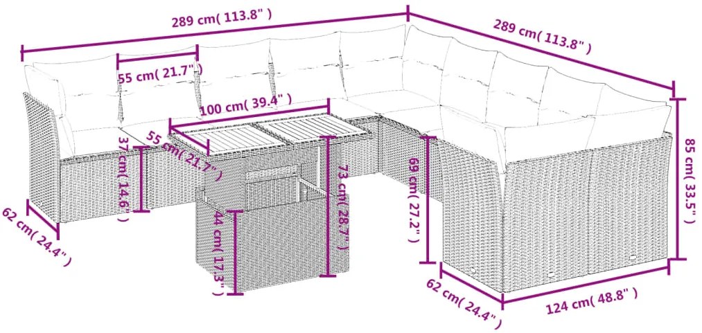 11 pcs conjunto sofás de jardim c/ almofadões vime PE preto