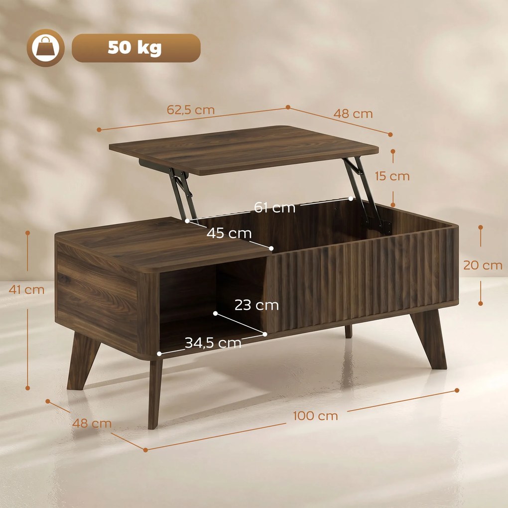 Mesa de Centro Elevatória 100x48x41 cm com Compartimento Oculto e Prateleiras Abertas 100x48x41-56 cm Cor Nogueira