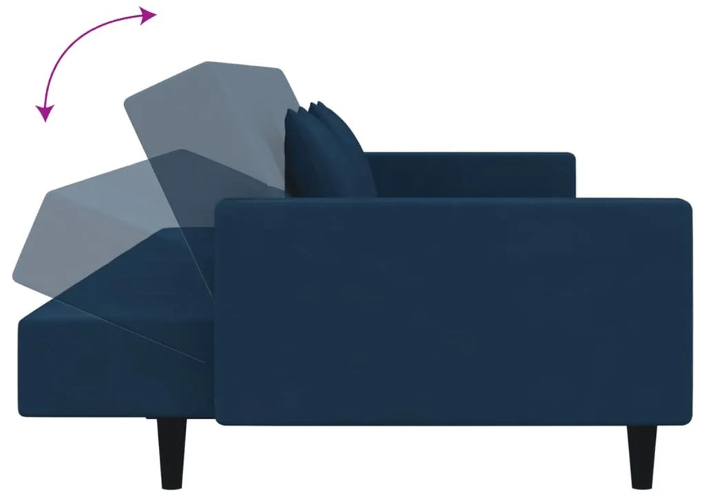 Sofá-cama 2 lugares com duas almofadas veludo azul