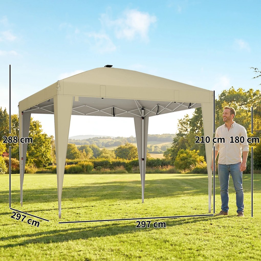 Tenda de jardim 3 x 3 m com iluminação, tenda dobrável com altura ajustável, comando à distância e saco de transporte, cor creme