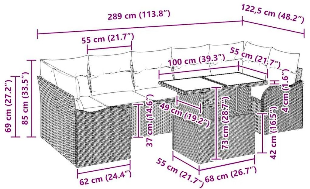 Conjunto de sofá de jardim de 8 peças com almofadas bege em rattan pol