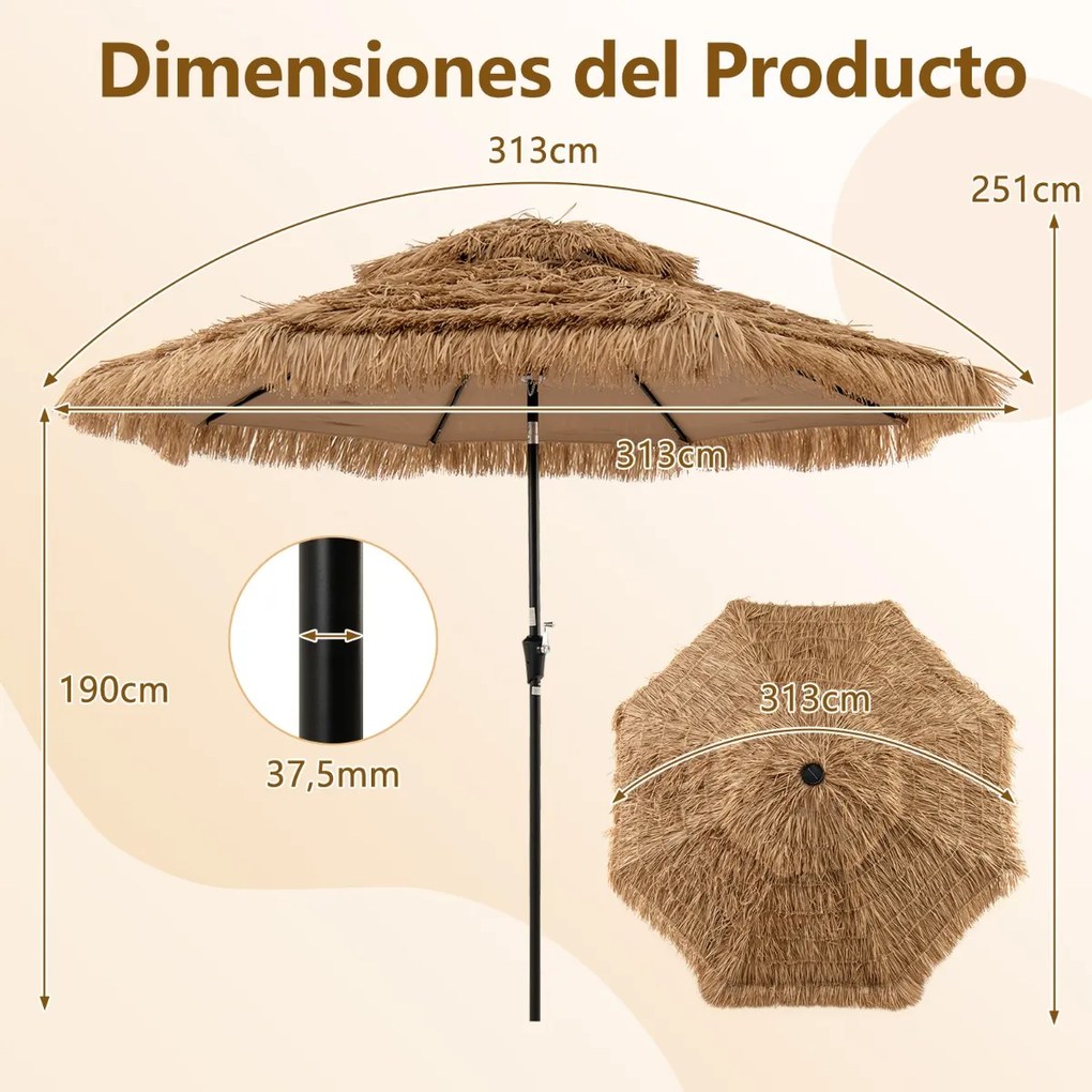 Guarda-sol de 313 cm com luzes LED Estilo havaiano Cabo basculante Palha PE Natural + Preto