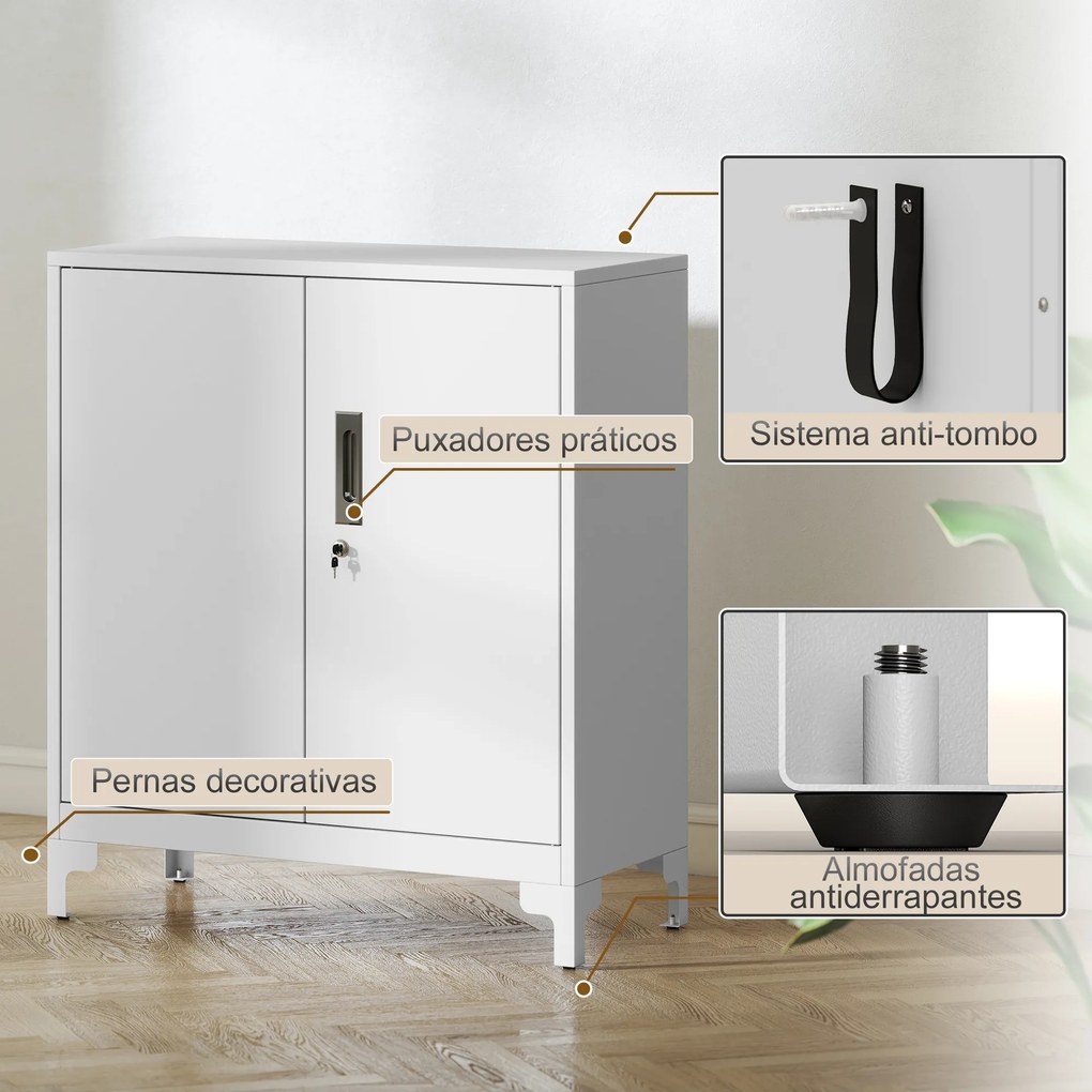 Armário de Arrumação Metálico Armário de Escritório com 2 Portas Arquivador para Escritório 80x35x91 cm Branco