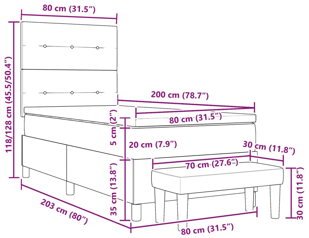 Cama Box com Colchão & Banco Azul 80x200 cm Tecido