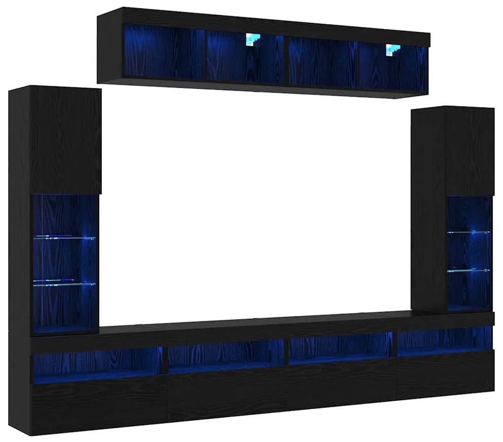 Unidade de TV com 8 Peças e LED Carvalho Preto em Madeira Projetada