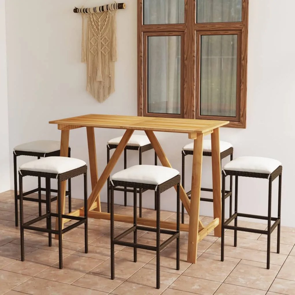 vidaXL 7 pcs conjunto de bar p/ jardim com almofadões castanho