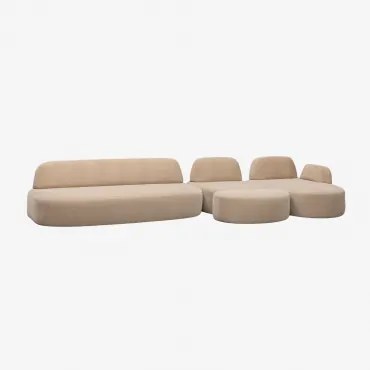 Sofá Modular Chaise Longue Direito De 3 Peças Com Módulo De Canto E Puff Estofado Giorgia Chenille Castanho Areia Claro - Sklum