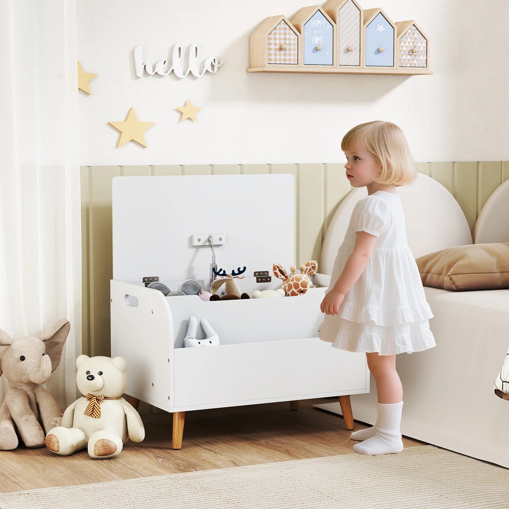 Baú para brinquedos infantis 60 x 40 x 43 cm, baú de arrumação infantil, tampa rebatível e compartimento aberto, branco