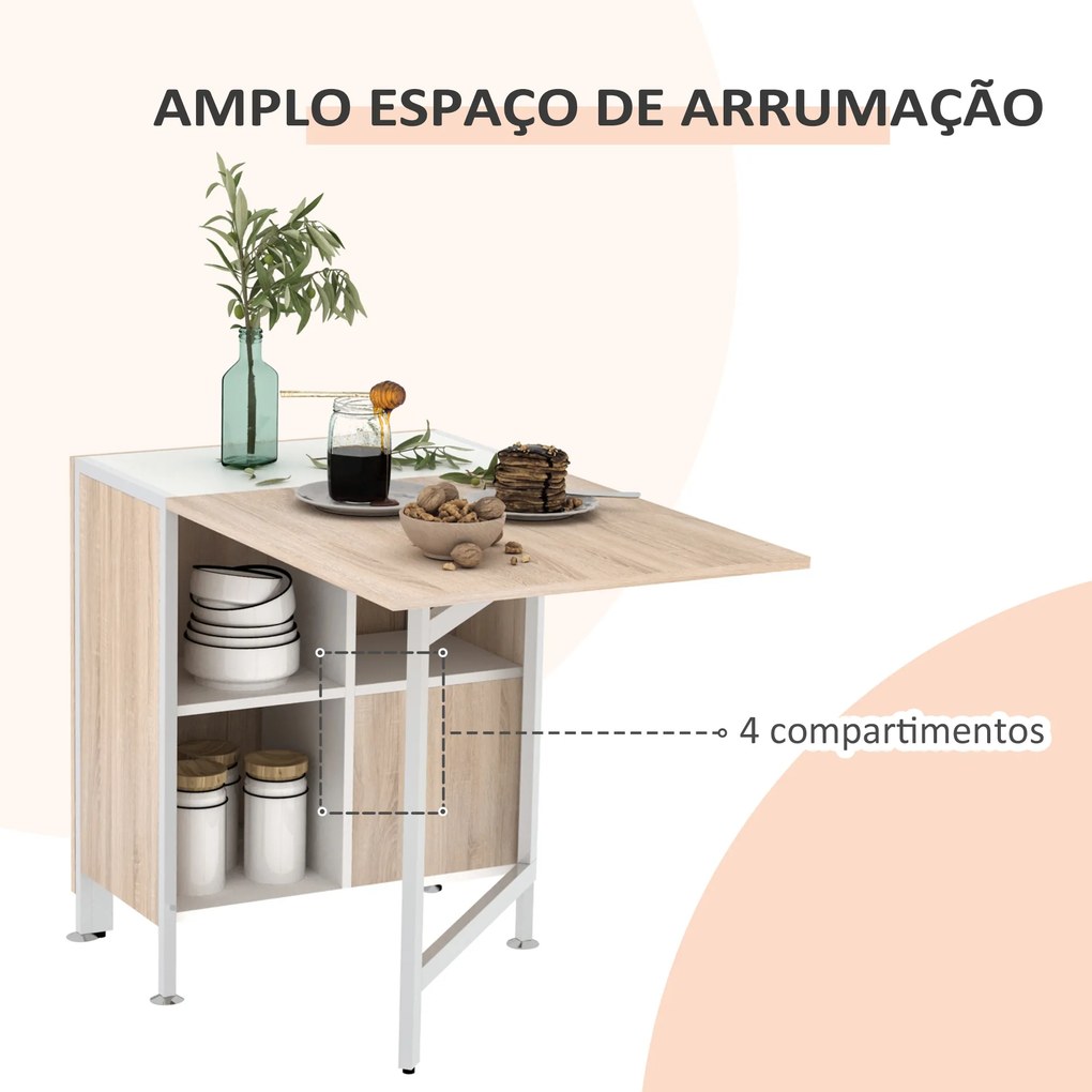 Mesa Dobrável (CADEIRAS NÃO INCLUIDAS) de Arrumação 4 Prateleiras para Sala de Jantar Sala de Estar Mesa Auxiliar de Madeira 169x62x75 cm Carvalho e B