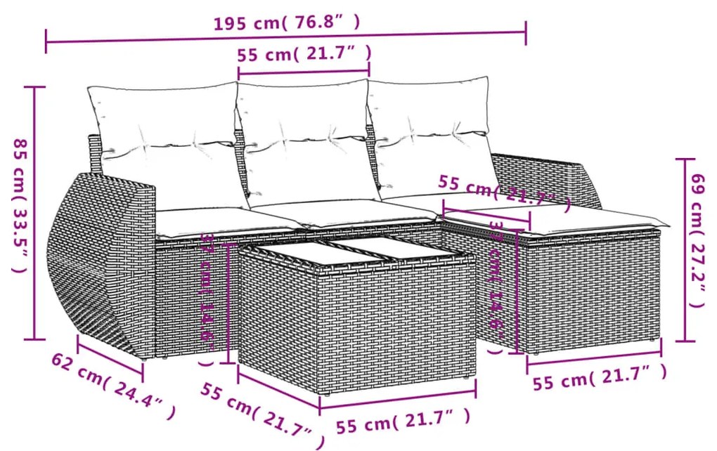 5 pcs conjunto de sofás p/ jardim com almofadões vime PE bege