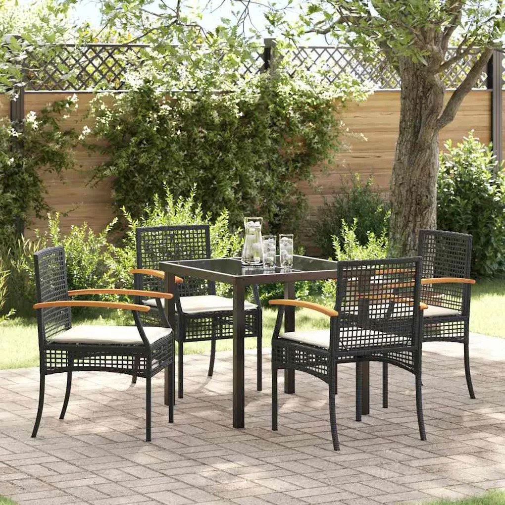 vidaXL Conjunto de Jantar de Jardim com 5 Peças e Almofadas em Polyrattan Preto.