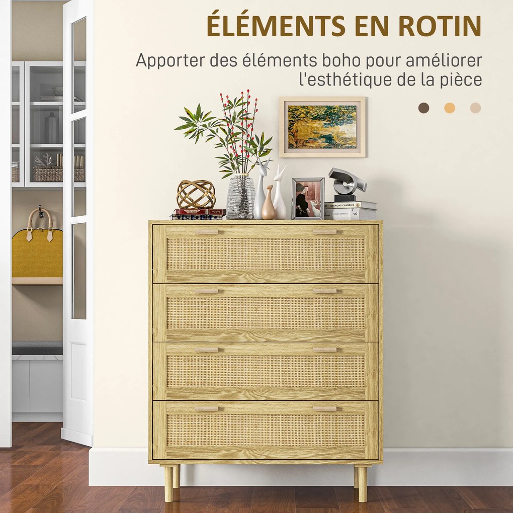 Cómoda com 4 gavetas 90 x 45 x 108,5, móvel de arrumação com frente em rattan trançado, estilo boémio acabamento em madeira clara