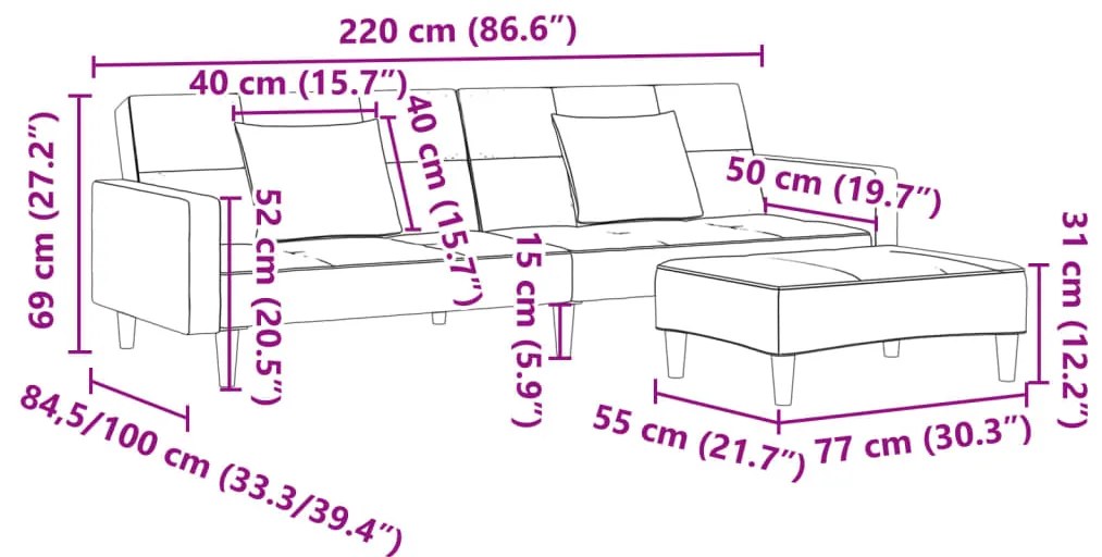 Sofá-cama de 2 lugares c/ apoio de pés tecido cinzento-escuro