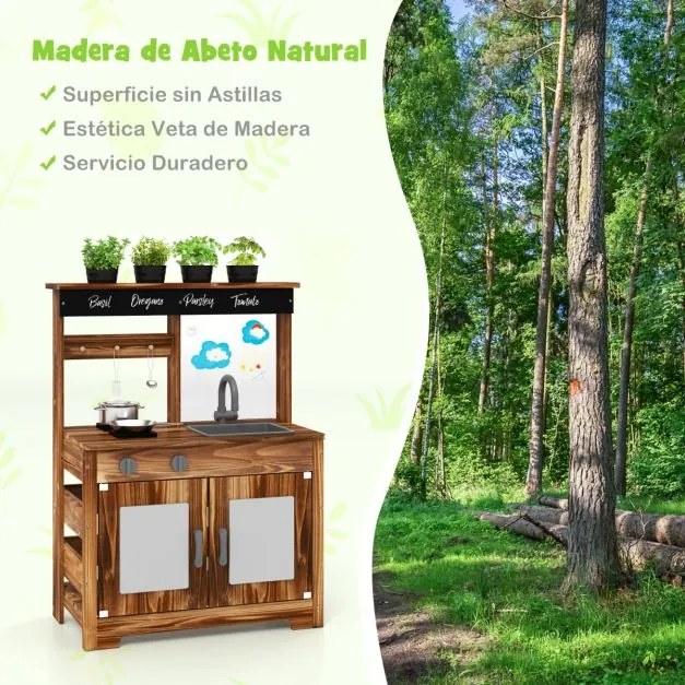 Cozinha brincar 68 x 35 x 97 cm com acessórios para 3+ anos com Vasos para plantas Torneira para plantas Lava-loiça amovível e fogão duplo Castanha
