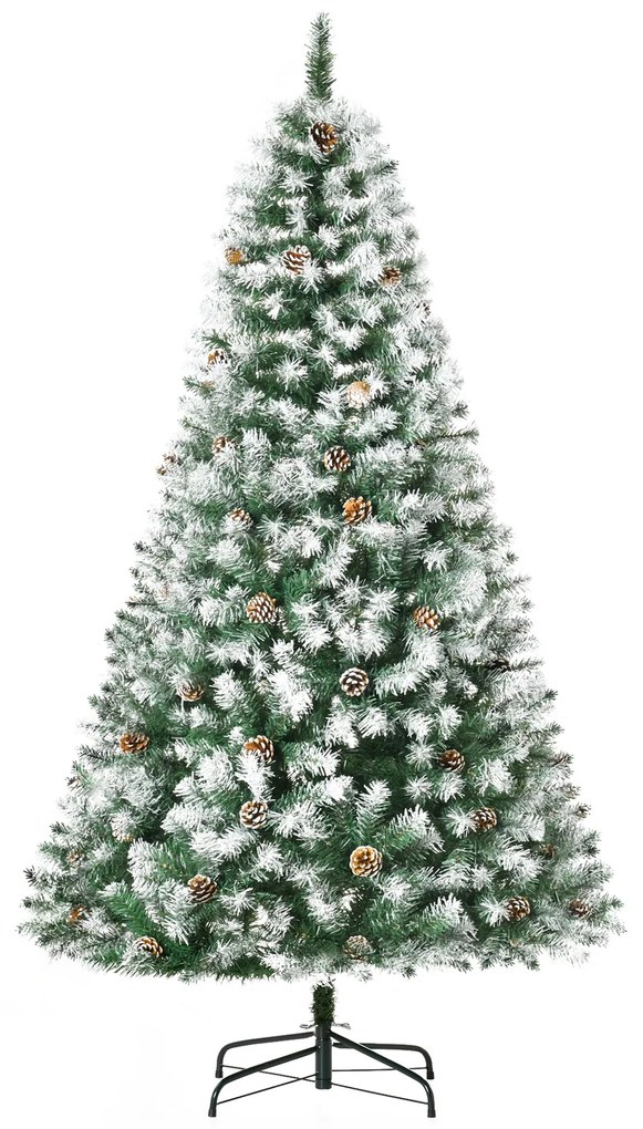 Árvore de Natal Artificial 180cm com 800 Ramos e 61 Pinhas Folhas de PVC com Efeito de Neve Base Dobrável e Suporte Metálico para Interiores Verde