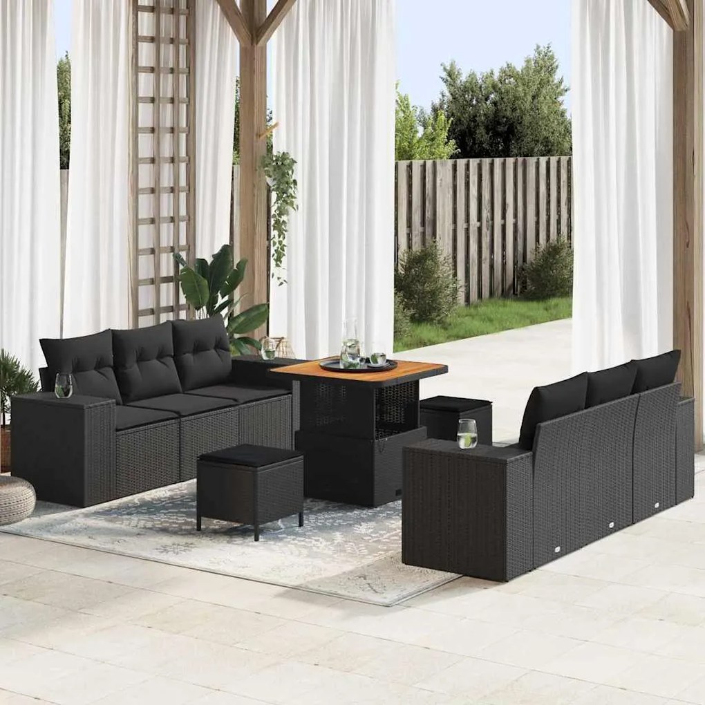 vidaXL Conjunto de Sofá de Jardim 9 pcs Preto Rattan de Polipropileno
