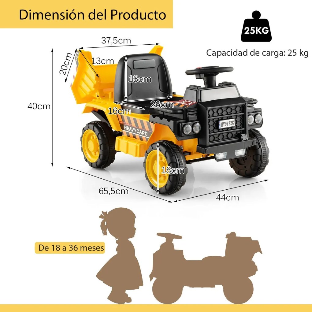 Camião Elétrico para Crianças 6V com Rodas Resistentes ao Desgaste Capacete de Segurança Capacete de Segurança Amarelo