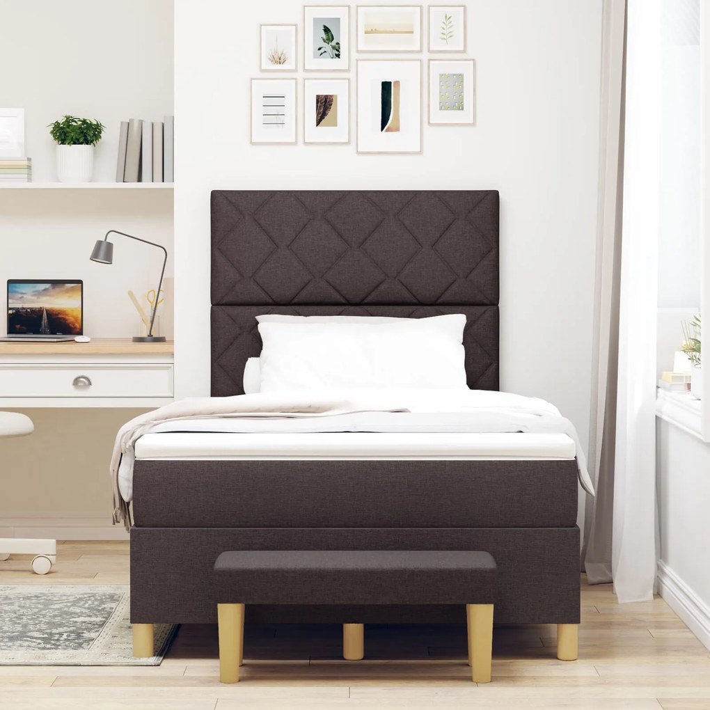 Cama Box Spring com Colchão e Banco Castanho Escuro 120x190 cm Tecido