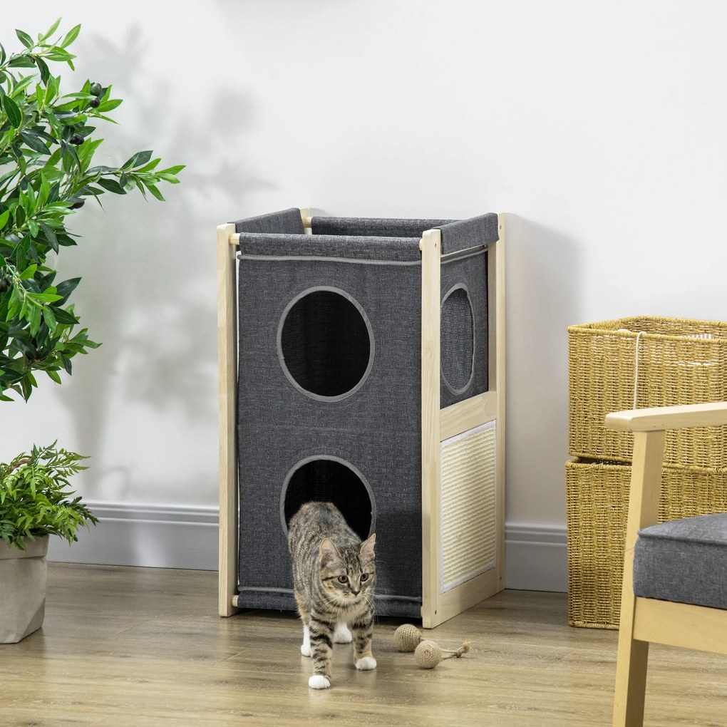Casa para Gatos de Madeira em Forma de Barril Arranhador para Gatos Casa para Gatos de Interior com 2 Almofadas Amovíveis e Laváveis 40x40x70cm Cinza