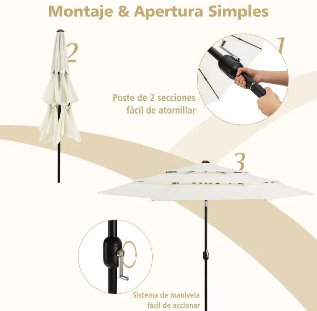 Guarda-sol jardim 3 m de 3 camadas de com ventilação dupla (BASE NÃO INCLUIDA), inclinação, botão de pressão, manivela manual e 8 varas Bege