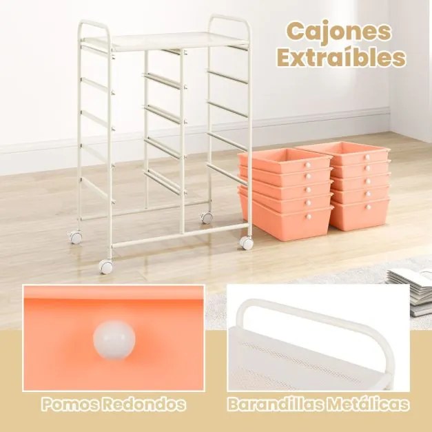 Carrinho móvel multiusos com 10 gavetas 65,5 x 37 x 87 cm com rodas Rosa claro