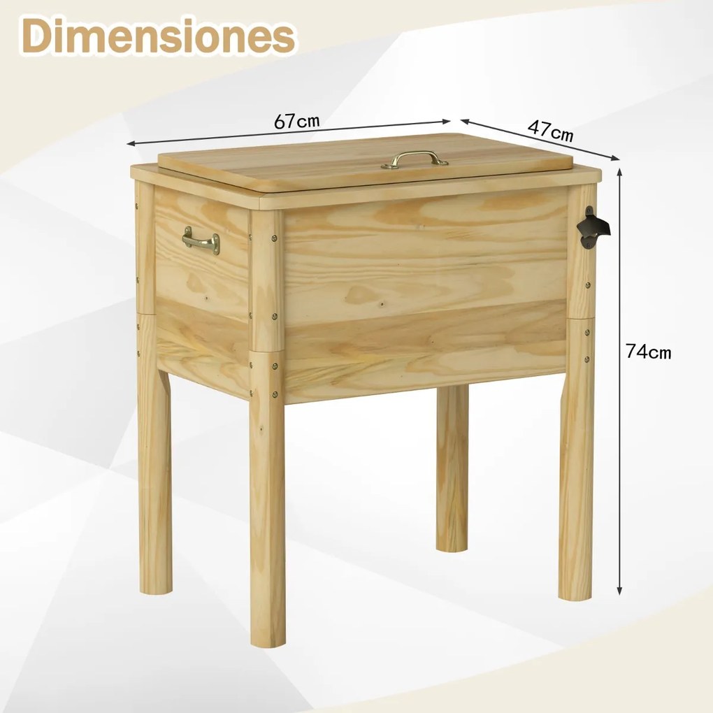Geleira de madeira de 51 L para bebidas com 3 camadas de isolamento, pega prática, abre latas e orifício para esvaziar 67 x 47 x 74 cm Natural