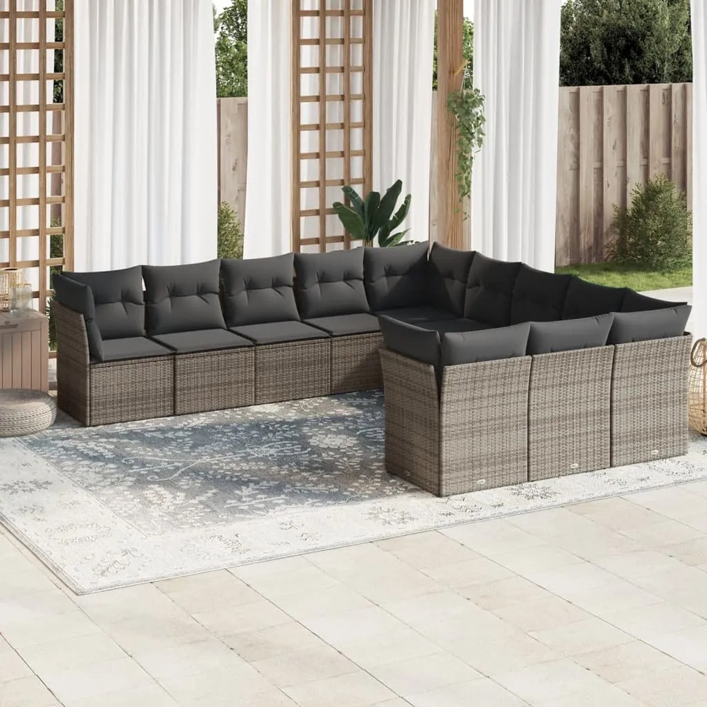 11 pcs conjunto sofás de jardim c/ almofadões vime PE cinzento