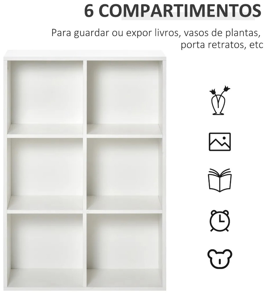 Estante para Livros Estante de Madeira de 3 Níveis com 6 Compartimentos de Armazenamento para Sala de Estar Dormitório Escritório 65,5x30x97,5cm Branc