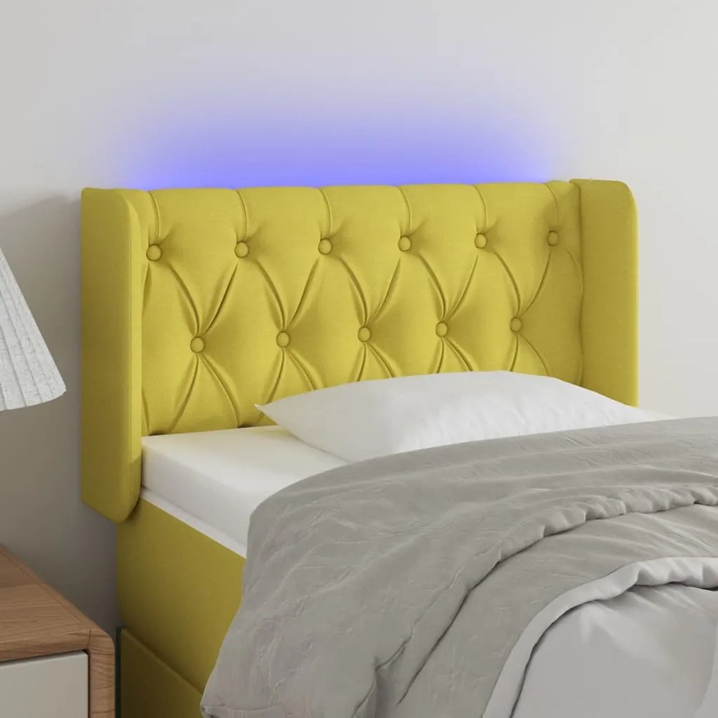 vidaXL Cabeceira de cama c/ luzes LED tecido 83x16x78/88 cm verde