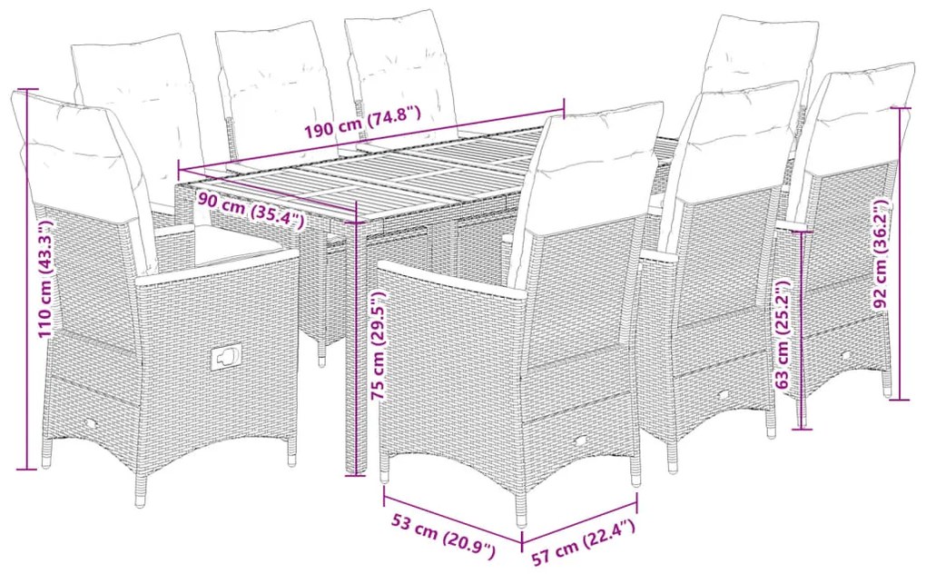 9 pcs conjunto de jantar p/ jardim c/ almofadões vime PE preto