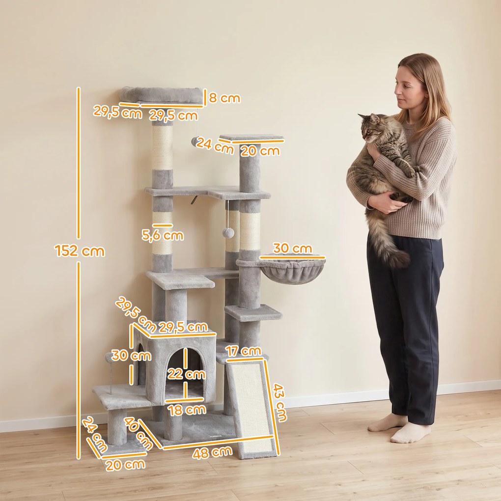 Árvore Arranhadora para Gatos 152 cm Multinível com Casinha Rede Cama Escada Arranhadora 4 Postes de Sisal e Bolas Cinza Claro