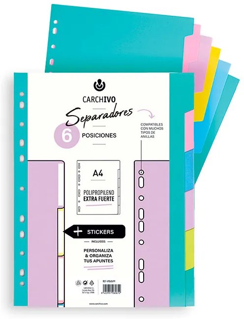 Separadores Carchivo Polipropileno Soft Extra Forte Din A4 Multiperfurado Conjunto de 6 Posições