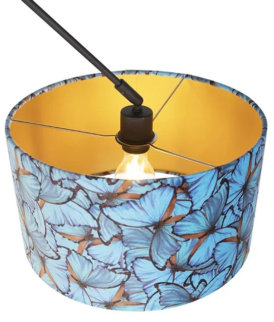 Candeeiro de suspensão preto com abajur de veludo borboletas com dourado 35 cm - Blitz Clássico / Antigo