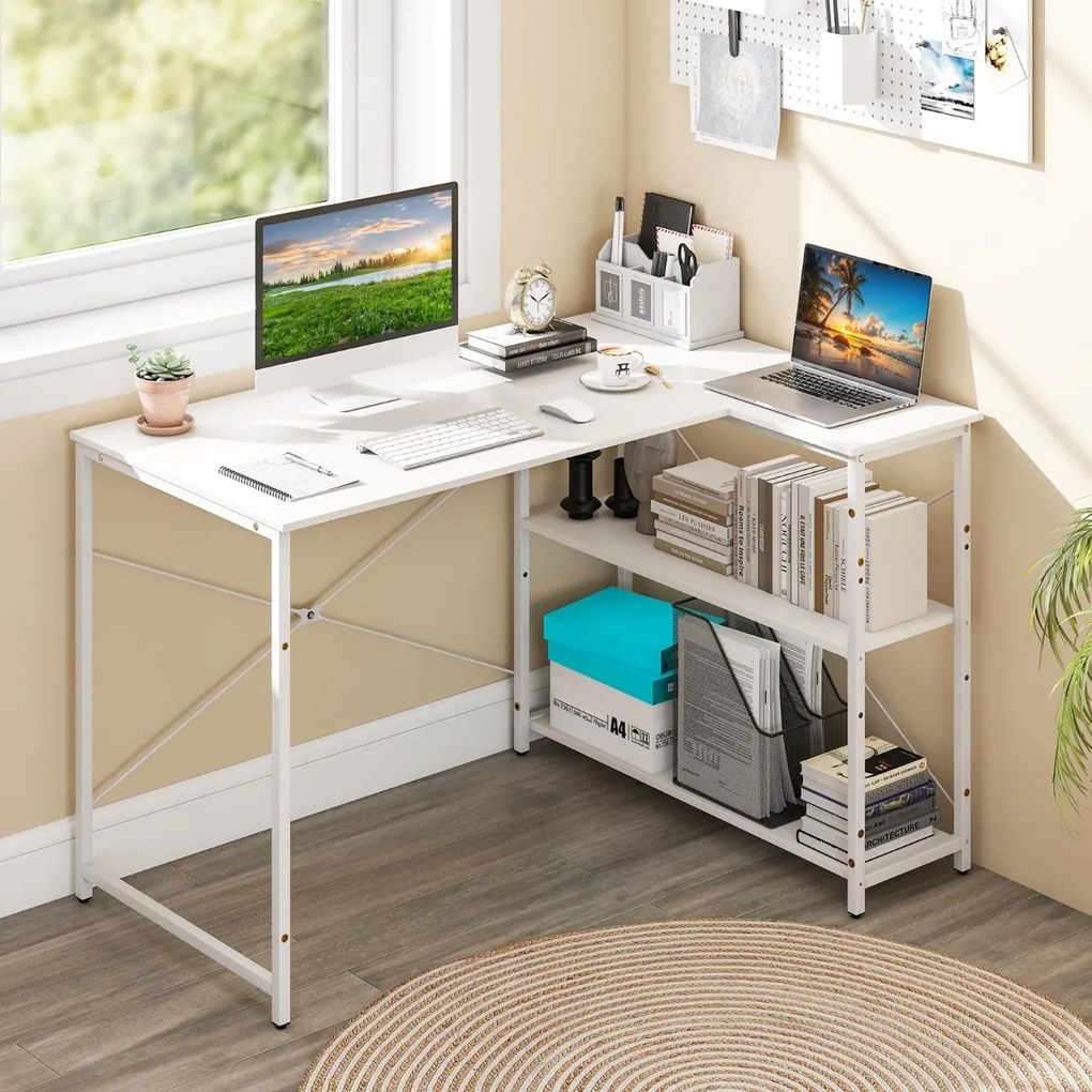 Secretária em forma de L 118 x 86 x 75 cm com prateleira ajustável e estrutura metálica resistente para escritório Branco