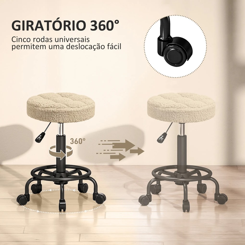 Banco Giratório Cosmetica Redondo Banco com Rodas Altura Regulável 50-66 cm Assento Estofado em Tecido tipo Borreguito Castanho Claro