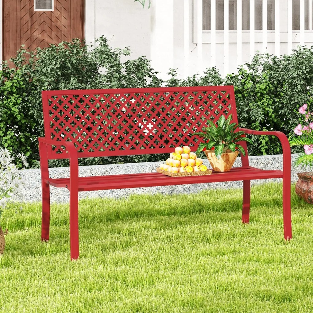 Banco de jardim 127 cm  de metal para 2 pessoas com costas ocas  Assento com ripas Braços para varanda Vermelho