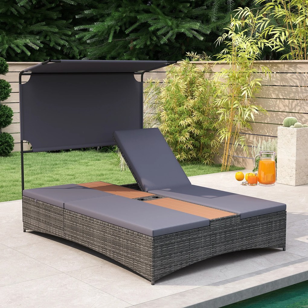 Espreguiçadeira Dupla de Jardim com Parasol, 203 x 147 x 164 cm, Encostos Ajustáveis em 5 Níveis, Cinzento